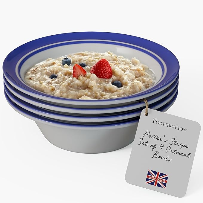 Portmeirion Potter's Stripe Oatmeal Bowl (Set of 4) - Ideal for Porridge, Soup, Desserts - Microwave & Dishwasher Safe Earthenware Bowls, Durable Dishware Collection - Made in UK (Blue Stripe)