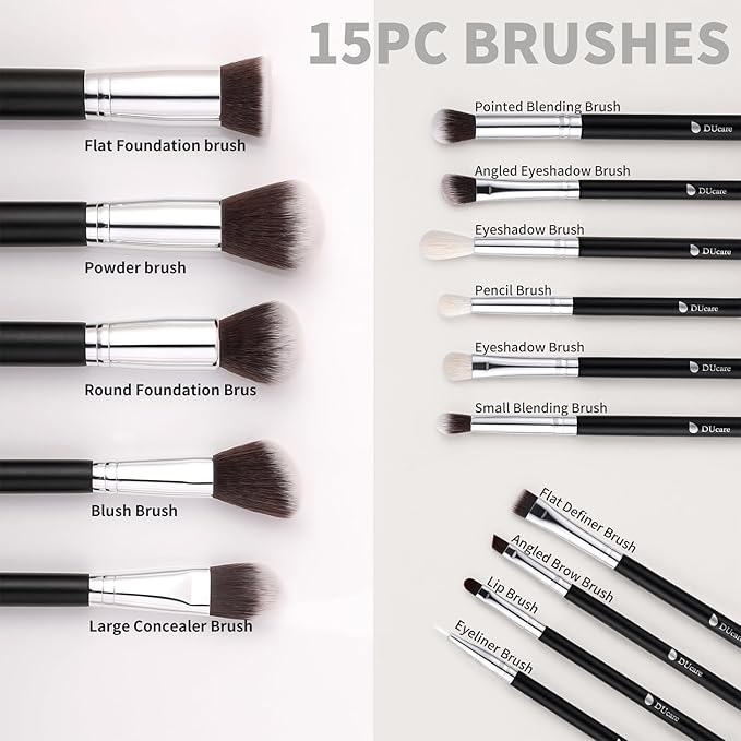DUcare Makeup Brushes with Bag,15Pcs Makeup Brush Set Christmas Gift Travel Kabuki Foundation Blending Blush Eyeliner Shadow Brow Concealer Brushes Kit Black-BrightBean Baby