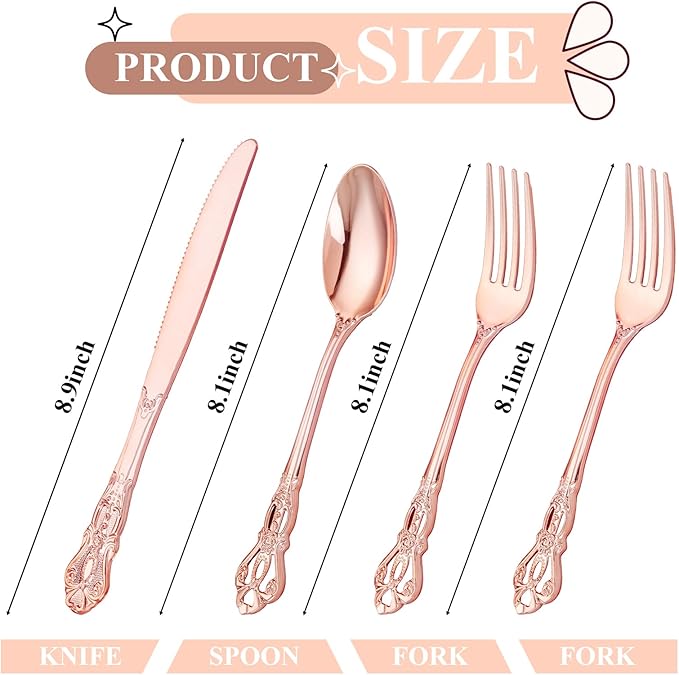 40PCS Rose Gold Plastic Silverware - Heavy Duty Elegant Disposable Utensils - Rose Gold Plastic Cutlery set Includes 20Forks, 10Spoons, 10Knives for Dinner, Parties, Weddings