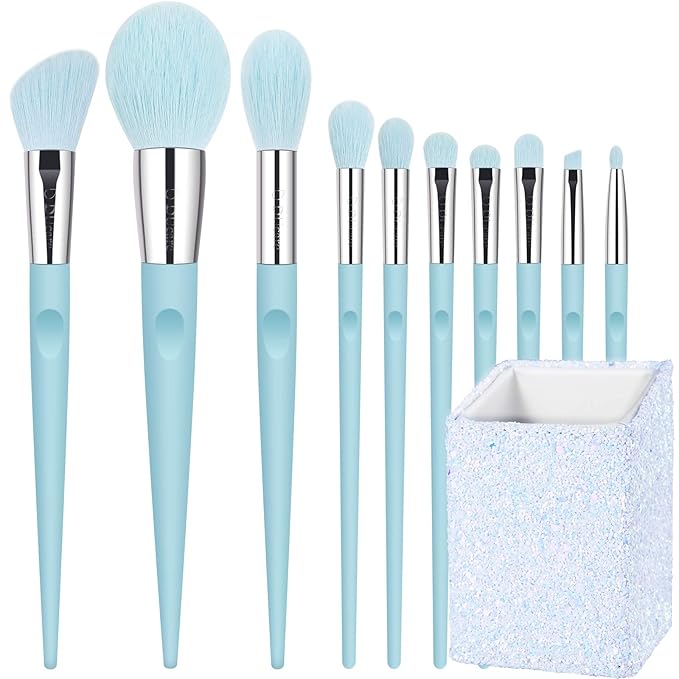 DUcare Makeup Brushes with Holder - 10Pcs Professional Synthetic Make Up Brushes Set for Blush Concealer Foundation Bronzer Powder Eyebrow Contour Eyeshadow Blending Makeup Brush Set, Ice Lake Blue-BrightBean Baby