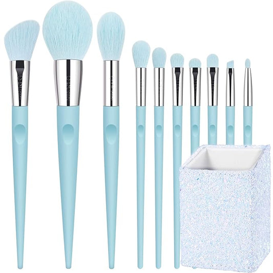 DUcare Makeup Brushes with Holder - 10Pcs Professional Synthetic Make Up Brushes Set for Blush Concealer Foundation Bronzer Powder Eyebrow Contour Eyeshadow Blending Makeup Brush Set, Ice Lake Blue-BrightBean Baby