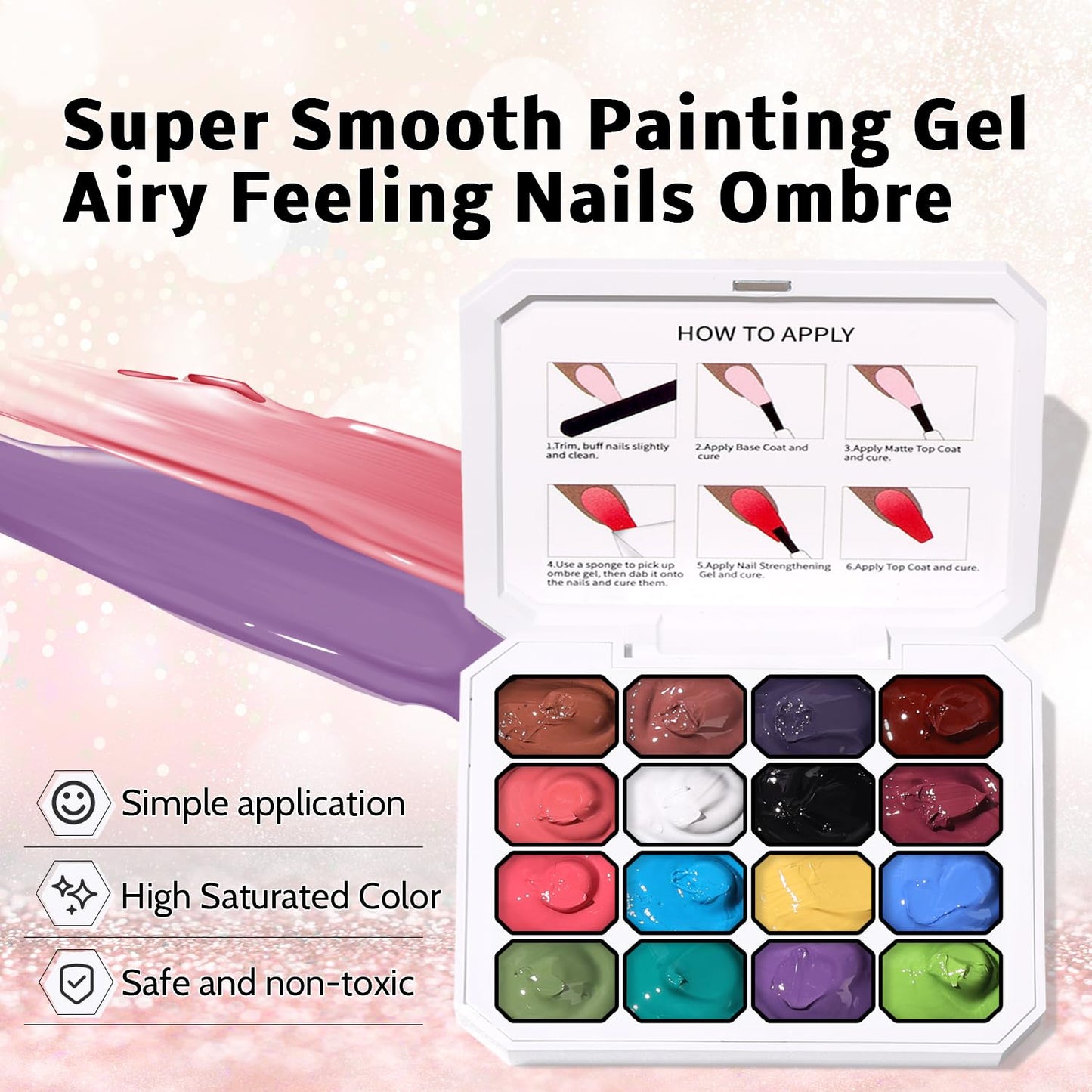 Sponge Pat Paint Nail Gel, Ombre Nails Gradient Gel Nail Blush Blooming Aura Nails Drawing Stripper Floral Painting DIY Nail Art, No Wipe, UV/LED Curing (16 Colors B)-BrightBean Baby