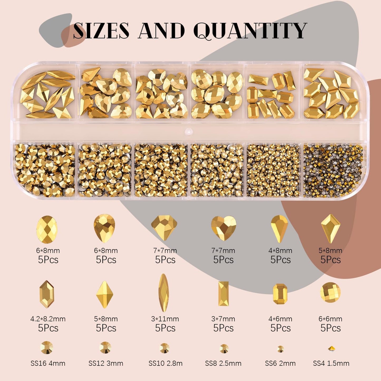 2060Pcs Mineral Gold Glass Nail Rhinestones 60Pcs Multi Shapes Flatback Nail Gems + 2000Pcs 1.5-4mm Round Crystal with Rhinestones Glue Gel, Manicure Nail Charms Diamond Gemstones for Nail Art-BrightBean Baby