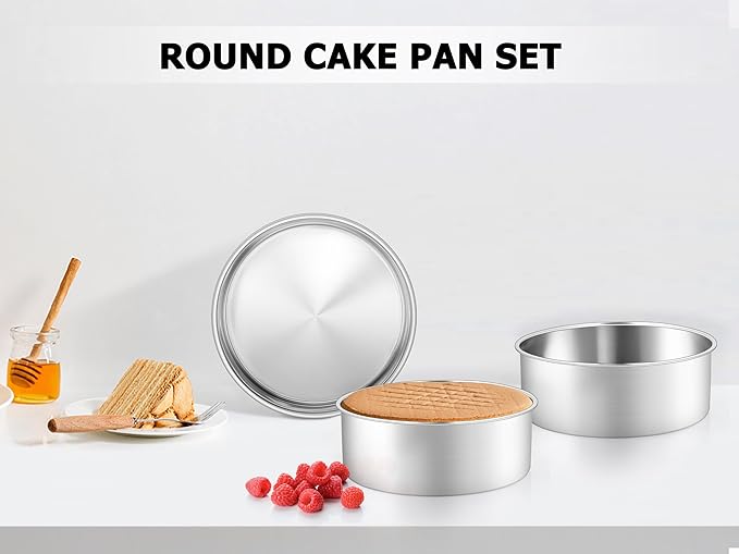 Leonyo 8 Inch Cake Pan, Stainless Steel Circle Baking Pans Set, 3 Pieces Round Layer Cake Tin for Wedding Birthday, Even Heating, Non Toxic & Healthy, Heavy-Duty, Dishwasher Safe