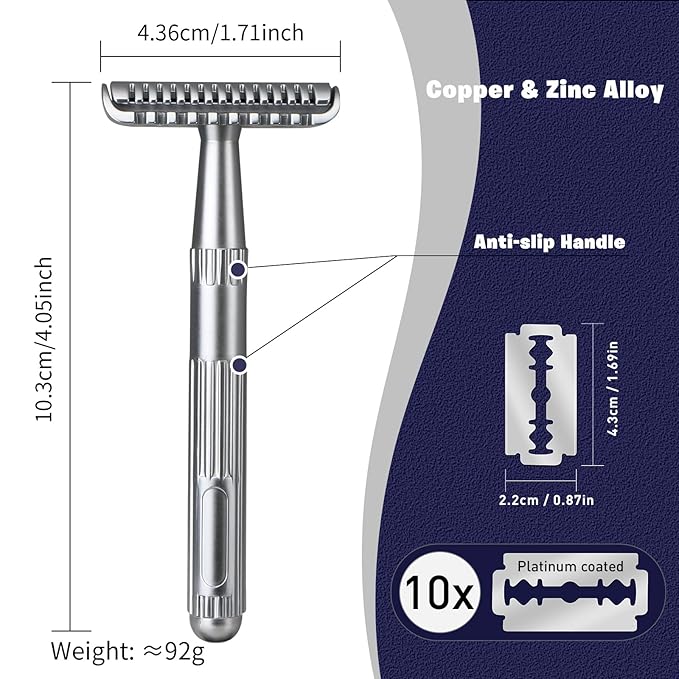 Matte Silver Double Edge Safety Razor, Single Blade Razors for Men and Women, with 10 Stainless Steel Safety Razor Blades, Reusable, Smooth and Close Wet Shaving Kit, Plastic Free-BrightBean Baby