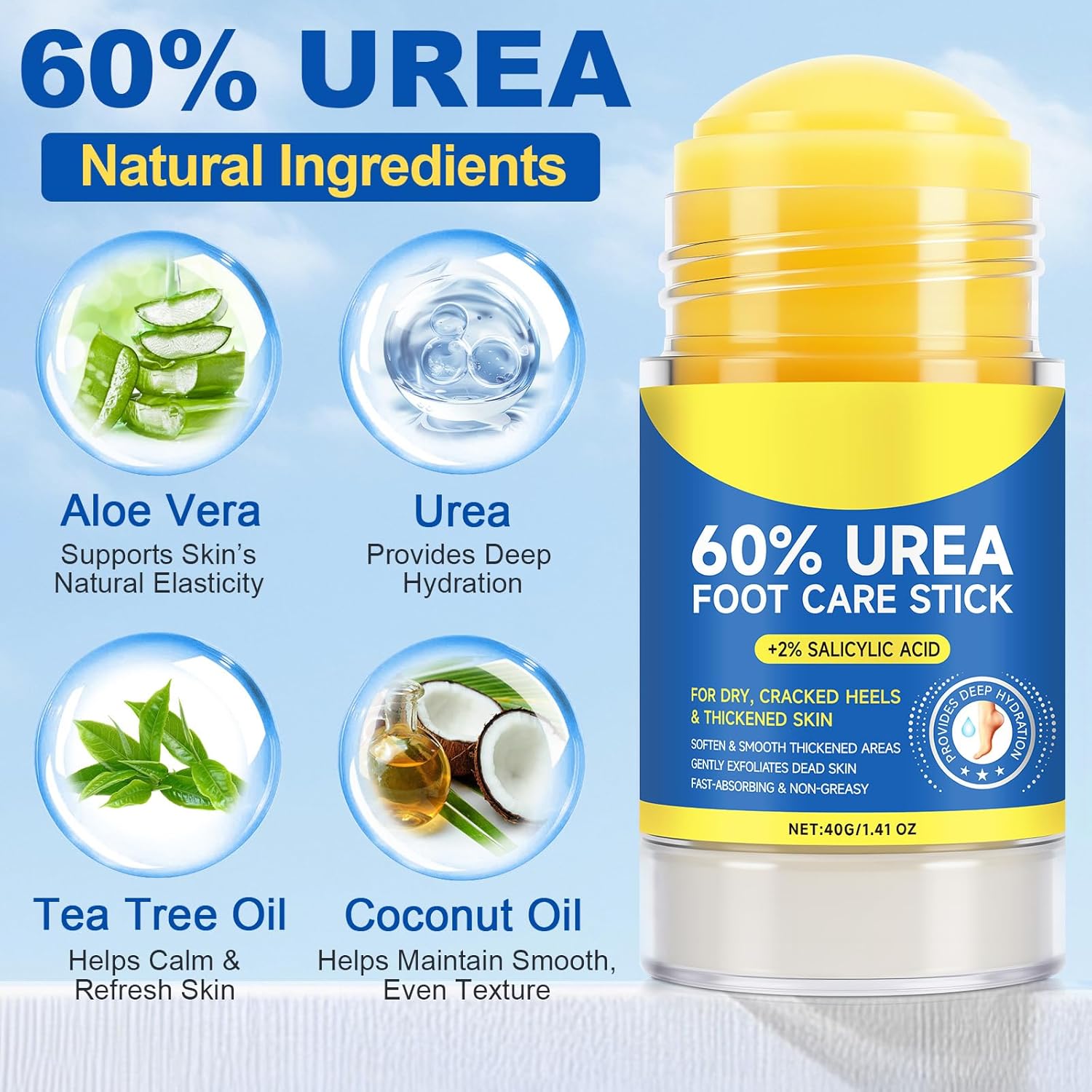 60% Urea with 2% Salicylic Acid Urea Foot Care Stick, Foot Cream Moisturizer for Dry Cracked Feet, Knees, Elbows, Hands,Moisturizes and Hydrates the Dry Skin,Callus Remover & Skin Softener -1.41oz-BrightBean Baby