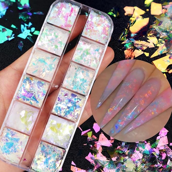 12 Colors Holographic Nail Art Glitter Sequins Aurora Holographic Mermaid Nail Glitter Flash Ice Residue Nail Glitter Sequin Chameleon Flakes Set Fluorescent Glass Paper for Face Body DIY Decoration-BrightBean Baby