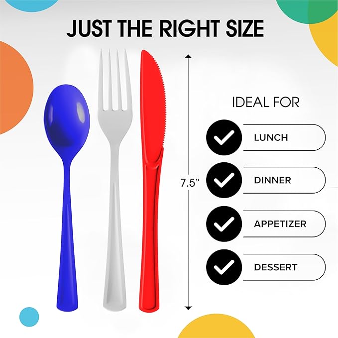 Party Solids Patriotic Plastic Silverware Heavy Duty 150 Pieces Patriotic Plastic Cutlery Sets, Utensil Sets, 50 Of Each Forks, Knives & Spoons Disposable Cutlery Set, Flatware Set For Party Supplies