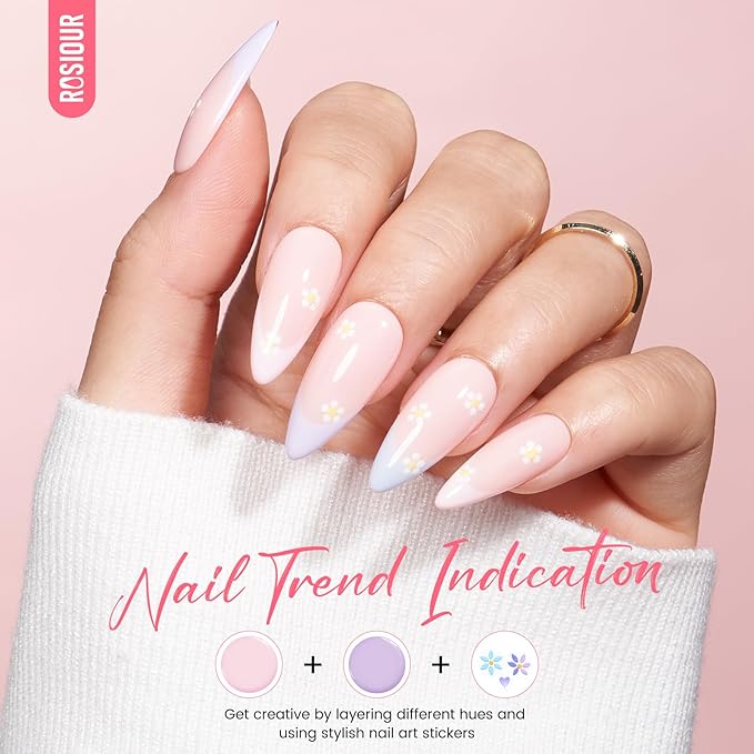 Gel Nail Polish Kit with U V Light, Hema-Free Light Baby Pink Blue Purple Nude Pink Summer Gel Polish Set with Base & Top Coat Chrome Nail Powder, 4 Colors Mini Salon Nail Art Starter Gift for Women-BrightBean Baby