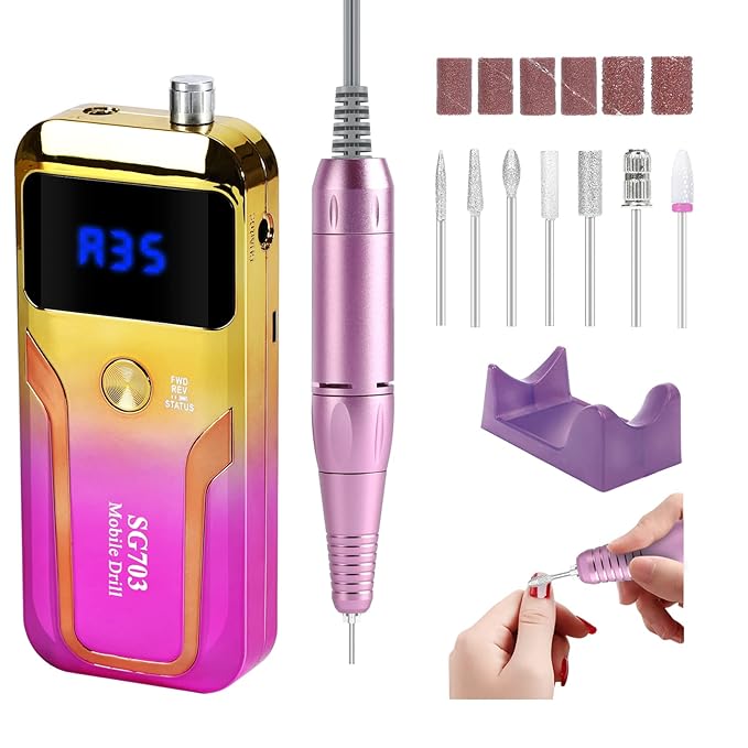 Portable Nail Drill Professional 35000 RPM, MOCOWIND Rechargeable Electric Nail File Machine for Acrylic Nails Gel Polishing, Cordless E-File with Bits Kit for Manicure Salon Home, Yellow & Purple-BrightBean Baby