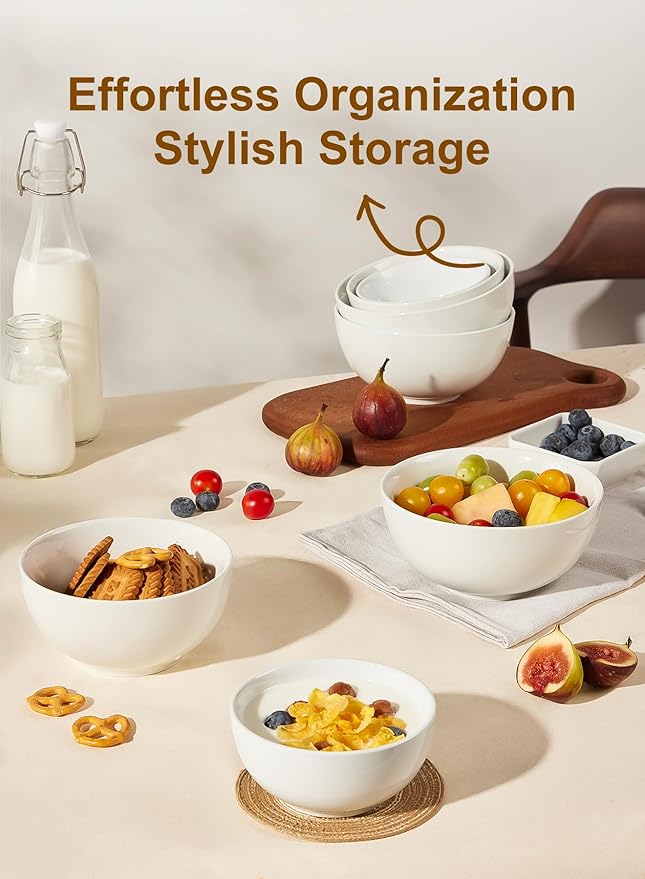 Yedio White Ceramic Cereal Bowls, 17 Ounce Porcelain Bowl for Kitchen Cereal Soup Rice Salad Pasta Dessert Snack Fruits Ice Cream, Set of 6, Microwave Dishwasher Freezer Oven Safe Easy Clean Stackable