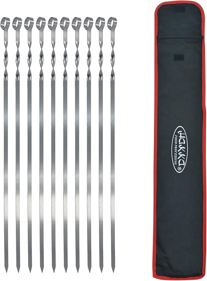 Hakka Stainless Steel Barbecue Skewers, 23" Heavy Duty Metal Skewers Large Wide Grilling Reusable Kabob Sticks with NonSlip Ring Handle,Set of 10