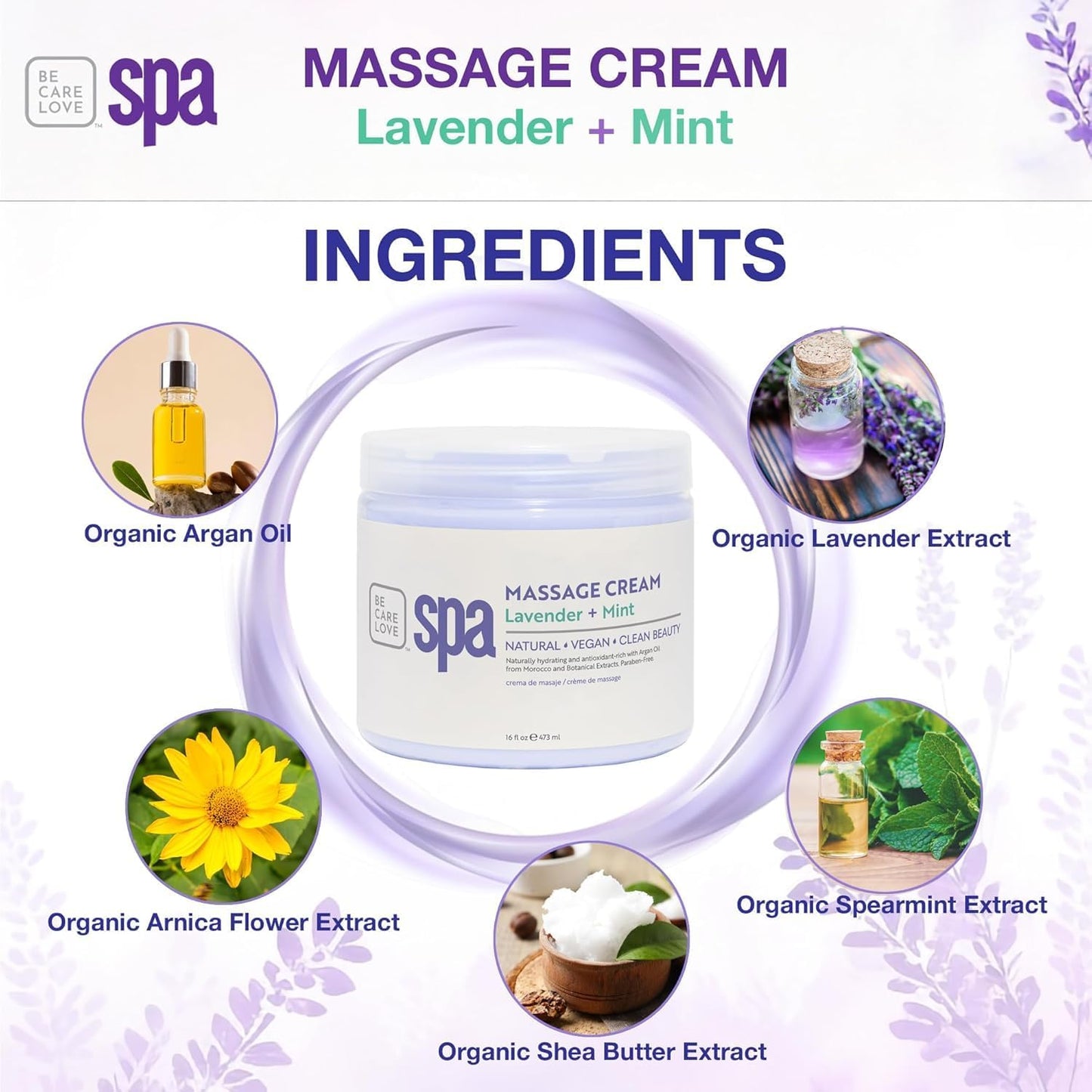 BCL SPA Massage Cream - Body Lotion & Body Cream with Organic Lavender + Mint, Shea Butter, Kelp, Arnica, Aloe Vera, Argan and Jojoba Oils - Calm, Moisturize and Soothe skin. Home/Pro Use 16 fl oz-BrightBean Baby
