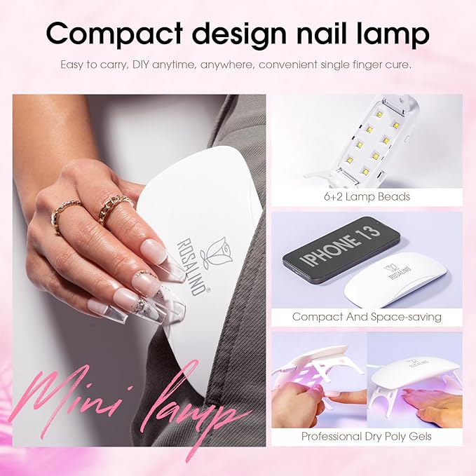 ROSALIND Poly Nail Gel Kit -12 Colors + Nail Art Accessories kit Clear Nude Poly Nails Gel Kit Starter Kit With Slip Solution Pro Nude Pink Nail Extensions Gel Set with Mini UV Lamp-BrightBean Baby