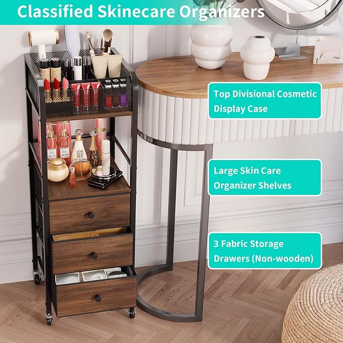 HapiRm Rolling Makeup Cart Organizer - Floor Skincare Make Up Storage with 3 Drawers, Vanity Organizer Cosmetic Display Cases Holder for Skin Care Perfume Nail Polish Brush Hair Tool-BrightBean Baby