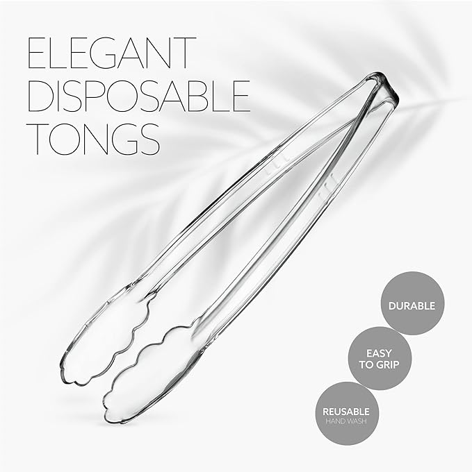 [Clear Tongs 12'' Inches] Plasticpro 12'' Serving Tongs Heavy Duty Reusable Kitchen and BBQ Clear Serving Tongs for party's, Caterings, Events, Buffet, Weddings, And every Day use Pack of 12