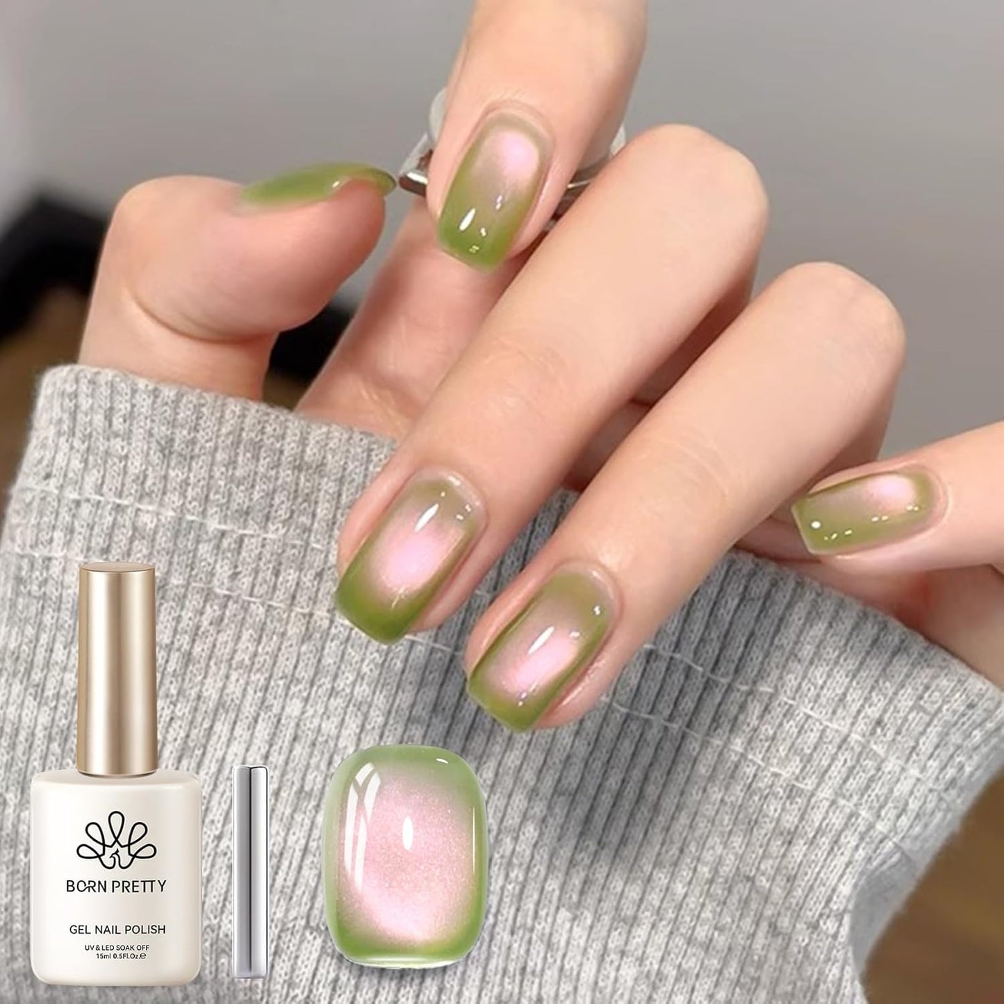 BORN PRETTY Cat Magnetic Eye Gel Nail Polish,Sweet Guava Green Pink Magnetic Gel Polish Manicure Nail Art DIY 15ml-BrightBean Baby