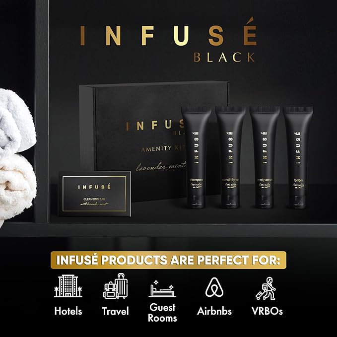 Infuse Black Amenity Kit | Boxed Hotel Toiletries | Bulk Set 1 oz Travel Size Shampoo, Conditioner, Lotion, Body Wash & Cleansing Bar for Guest Hospitality AirBnB/Vacation Rentals | 1 set per case-BrightBean Baby