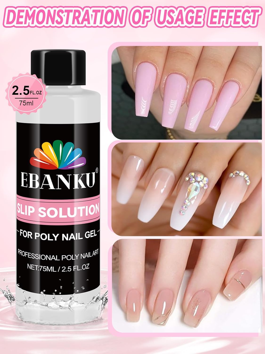 EBANKU Poly Gel Slip Solution for Nails - Anti-Stick Slip Solution for Builder Gel Nails, Brush Clean Liquid with Dual-Ended Nail Brush, 3PCS Nail Clips for Beginners & Home Salon, 2.5oz-BrightBean Baby