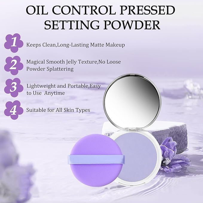 Chillab Lavender Matte Powder, Chillab Lavender Matte Powder Oil Control, Chillab Polvo Compacto with Mini Powder Puff, For Silky Blurring Oil Control Long-Lasting Makeup, Creates Soft -1PCS-BrightBean Baby