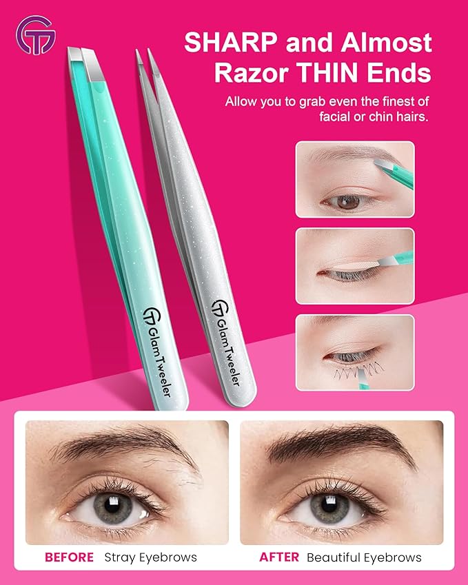 Expert Slant and Point Tip Tweezer Set with Exclusive Storage & Carrying Case, GlamTweeler Sharp & Precision Tweezer Set for Eyebrows, Facial Hairs & Fine Hairs Removal (Sparkle Mint Green + Silver)-BrightBean Baby