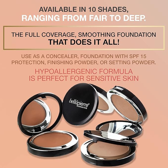 bellapierre Compact Mineral Foundation SPF 15 | Vegan & Cruelty Free Natural Makeup | Full Coverage Matte Foundation | Hypoallergenic | Oil & Talc Free - 0.35 Oz - Cinnamon-BrightBean Baby