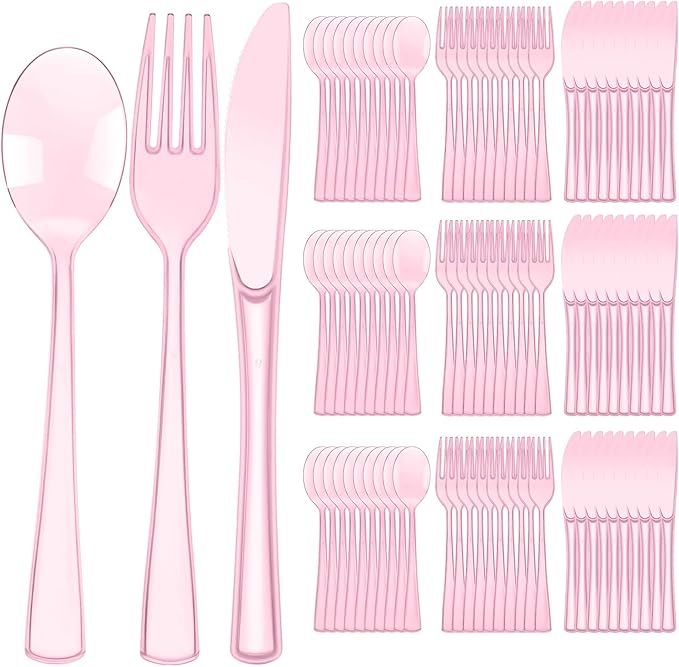 Minatee 150 Pieces Disposable Cutlery Set Plastic Silverware Heavy Duty Utensil Sets 50 Forks 50 Knives 50 Spoons for Home Office School Party Picnics Restaurant Outdoor Events(Pink)