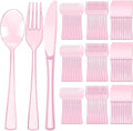 Minatee 150 Pieces Disposable Cutlery Set Plastic Silverware Heavy Duty Utensil Sets 50 Forks 50 Knives 50 Spoons for Home Office School Party Picnics Restaurant Outdoor Events(Pink)