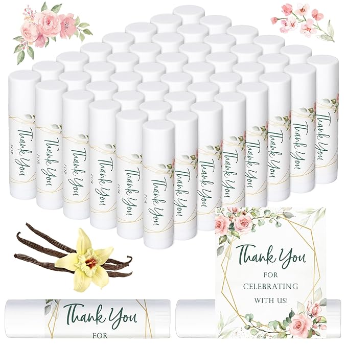 Whaline 60Pcs Thank You Gift Lip Balm Bulk Wedding Lip Balms Vanilla Flavor Floral Moisturizing Lip Care Guest Basket Gift Stuffer for Bridal Shower Baby Shower Birthday Party Favor Supplies-BrightBean Baby