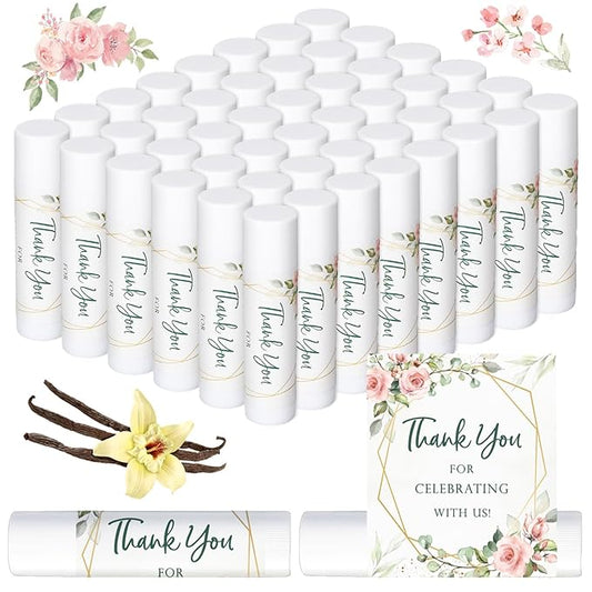 Whaline 60Pcs Thank You Gift Lip Balm Bulk Wedding Lip Balms Vanilla Flavor Floral Moisturizing Lip Care Guest Basket Gift Stuffer for Bridal Shower Baby Shower Birthday Party Favor Supplies-BrightBean Baby
