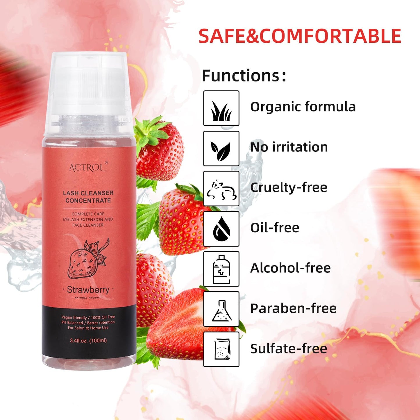 Eyelash Shampoo Concentrate 100ml Lash Extensions Cleanser Concentrate Strawberry Foaming Shampoo Paraben & Sulfate Free Wash for Extensions Lashes with Salon Home Care-Makes 60ml Bottles-BrightBean Baby