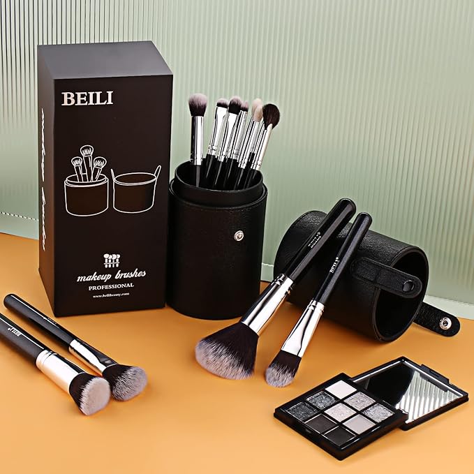 BEILI Makeup Brushes 12pcs Makeup Brushes Set with Holder Premium Synthetic Kabuki Foundation Brush Blending Blush Concealer Full Face Makeup Brushes Kit With Gift Box(Black)-BrightBean Baby