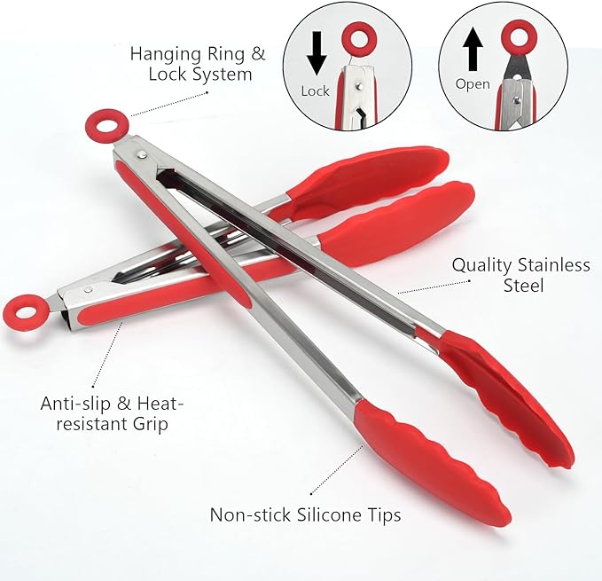 Kitchen Tongs, 2pcs Barbecue Tongs 10 inch & 12 inch with Silicone Tips, 1pc Brush Stainless Steel Cooking Tongs with Heat Resistant Handle for BBQ Serving, Grilling, Buffet, Dishwasher Safe (Red)