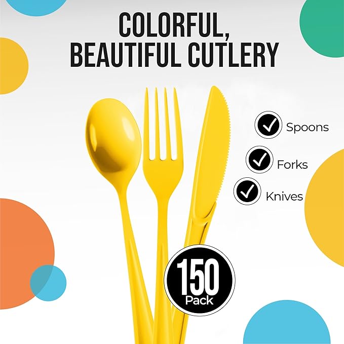 Party Solids Yellow Plastic Silverware Heavy Duty 150 Pieces Yellow Plastic Cutlery Sets, Utensil Sets, 50 Of Each Forks, Knives & Spoons Disposable Cutlery Set, Flatware Set For Party Supplies