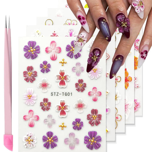 Flower Nail Art Stickers Decals 5D Embossed Nail Decals Spring Summer Pink Purple Nails Design Self-Adhesive Supplies Accessories 3D Flower for Women Nails DIY Decoration(5 Sheets)-BrightBean Baby