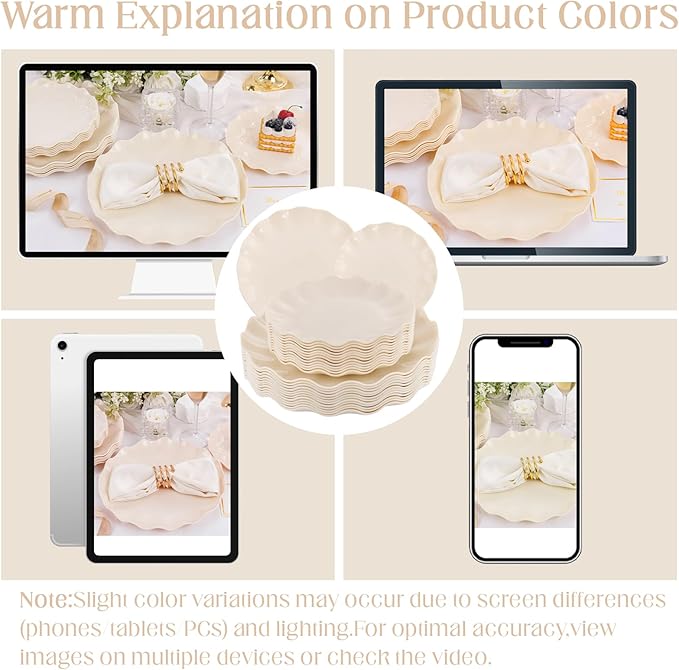 LIYH 24 Pcs Plastic Plates Reusable,Unbreakable Dinner Plates, Scalloped Plastic Plates, Dishwasher Safe,Ivory Plate Sets Perfect for Parties, Birthday, Picnics, BPA Free(12Guests)