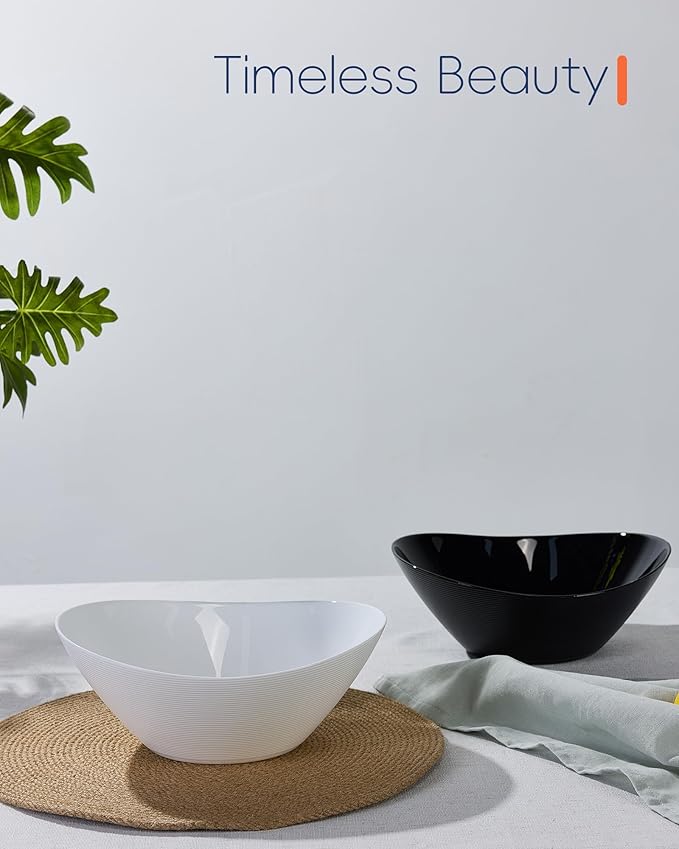 66 OZ Salad Bowl Set of 2, Opal Glass 10 inch Lightweight Serving Dishes for Salad, Fruit, Kitchen Microwave & Dishwasher Safe, Oval Shape White