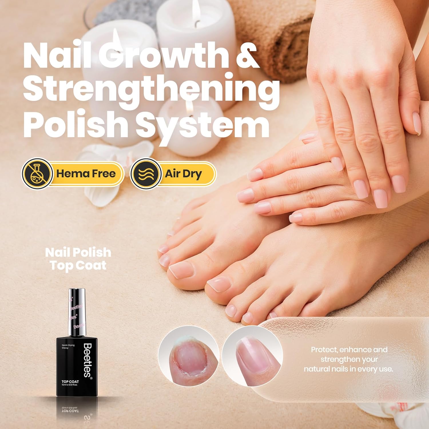 Beetles 2 in 1 Base & Top Coat Nail Polish, Clear Nail Polish Fast Drying & Natural Nail Strengthen, Glossy Effect for Nail DIY Salon at Home Gifts for Women-BrightBean Baby