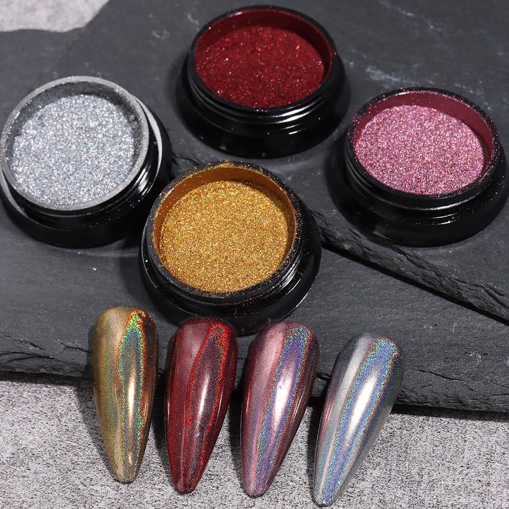 10Pcs Chrome Nail Powder Set, Holographic Unicorn Laser Nail Powder, Aurora Mermaid Iridescent Chameleon Mirror Effect Pigment Glitter Dust for Salon Home Nail Art DIY Decorations-BrightBean Baby