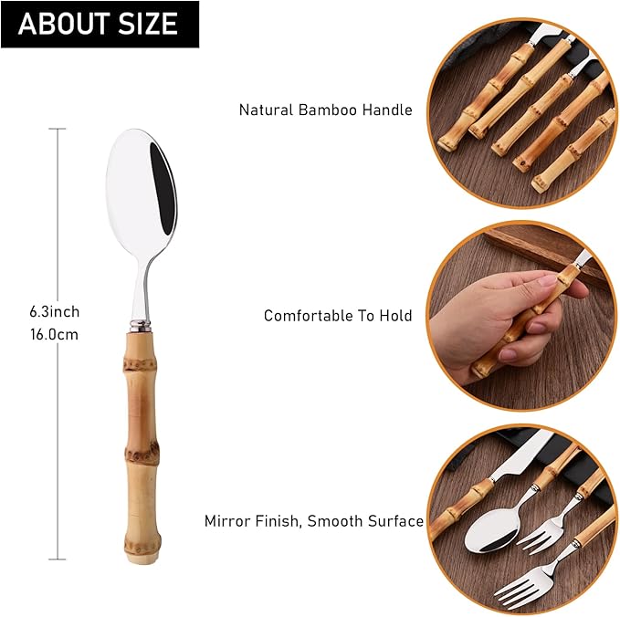 Dessert Spoon Set with Bamboo Handle, 8-Piece Stainless Steel Shiny Silver Dessert Spoon, Natural Bamboo Cutlery, Creative Design Small Spoons for Home Restaurant, 6.65 inch, Handcrafted