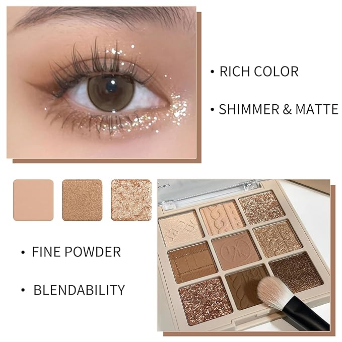 Erinde 9 Colors Eyeshadow Palette, Matte Shimmer Glitter Eye Shadow Makeup Palette, Highly Pigmented Long Lasting Waterproof, Natural Neutral Nude Eyeshadow Makeup Pallet, Cashmere-BrightBean Baby