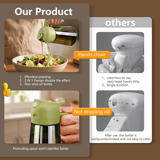 Olive Oil Dispenser and Oil Sprayer – 16oz/470ml Glass Light-Proof Oil Pourer for Kitchen, Air Fryer, Cooking, Salad, and BBQ