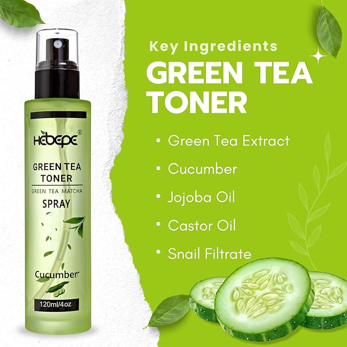 Green Tea Face Mist with Cucumber 4 oz, Matcha Facial Toner Spray Hyaluronic Acid for All Skin, Hydrating Soothing Reduces Redness Cooling After-Sun for Women Men, Alcohol-Free-BrightBean Baby