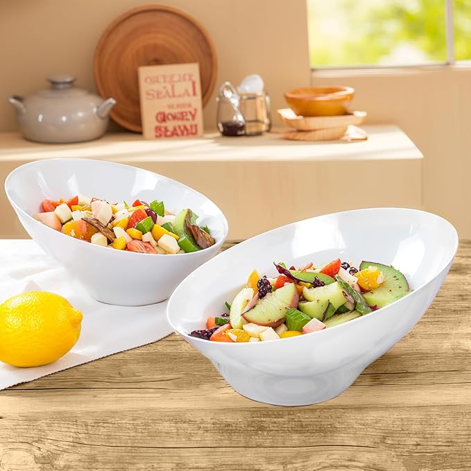 bUCLA 12 Pack White Plastic Serving Bowls - 54 OZ Angled Table Salad and Fruit Bowls Disposable for Chip&Candy - Ideal for Party & Wedding