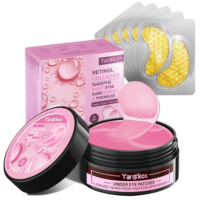 60 Pcs Pink Under Eye Patches with 5 Pieces Travel 24K Gold Eye Mask, 30 Pairs Undereye Mask for Dark Circles Puffy Eye Treatment, Collagen Gel Pads Hydrating for Eye Bag Puffiness Wrinkle-BrightBean Baby