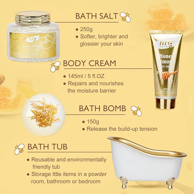 Mothers Day Gifts for Mom - 7-Piece Honey Almond Spa Gift Set for Women, Bath & Body Gift Set, Bath Collection with Bath Bomb & More | Christmas, Birthday Gifts for Her, All Occasion Holiday Present-BrightBean Baby