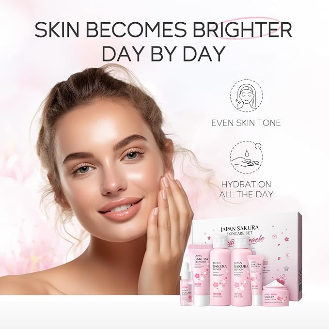 Skin Care Set JAPAN SAKURA Women Beauty Gift Sets Skin Care Kit with Cleanser, Toner, Lotion, Serum, Eye Cream, Face Cream Travel Kit for Women Teen Girls Mom Daughter TSA-friendly Sizes 6pcs-BrightBean Baby