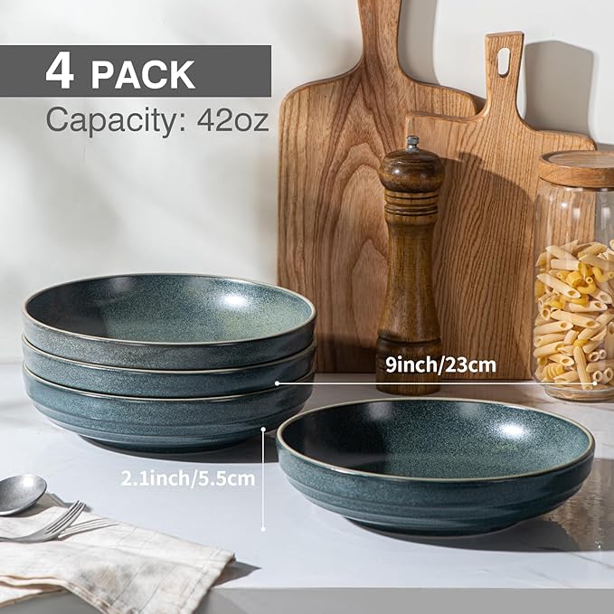 HAPPY KIT 9'' Pasta Bowls, 42oz Pasta Bowls Set of 4, Large Salad Bowl, Ceramic Serving Bowls,Double Reactive Glaze, Ideal for Housewarming, Festivals, Microwave Safe (Peacock Blue)