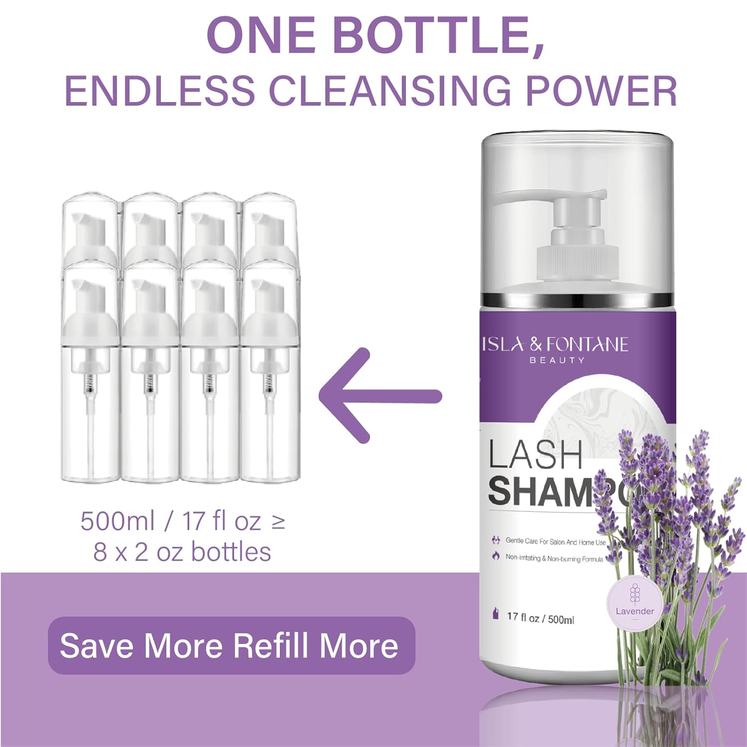 ISLA & FONTANE Lash Shampoo Bulk – Multi-Scent Series – 17 fl oz / 500ml | Gentle Eyelash Cleanser for Lash Extensions | Non-Irritating | Professional Lash Bath Foam For Salon And Home Use (Lavender)-BrightBean Baby