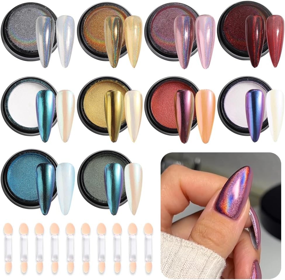10Pcs Chrome Nail Powder Set, Holographic Unicorn Laser Nail Powder, Aurora Mermaid Iridescent Chameleon Mirror Effect Pigment Glitter Dust for Salon Home Nail Art DIY Decorations-BrightBean Baby